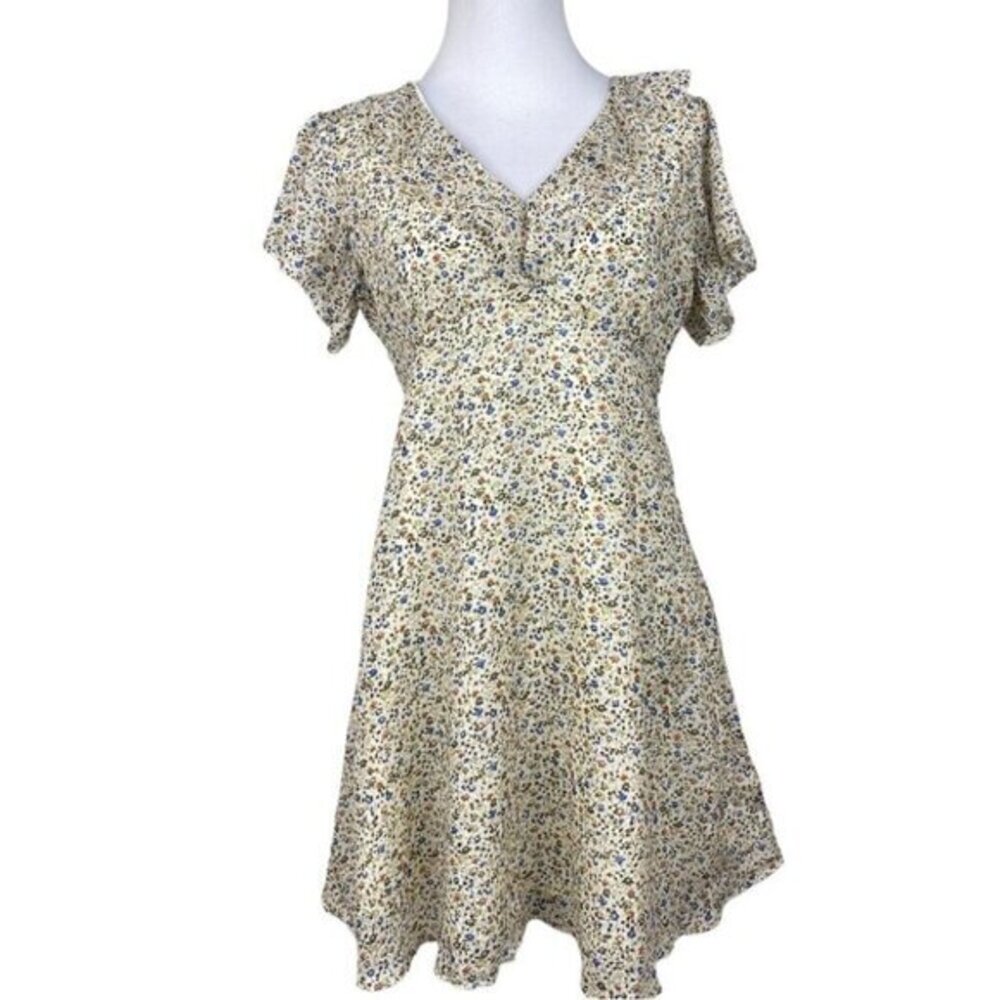 Madewell Silk V-Neck Ruffle Mini Dress Floral Cream‎ Flutter Sleeve Womens 6 NEW